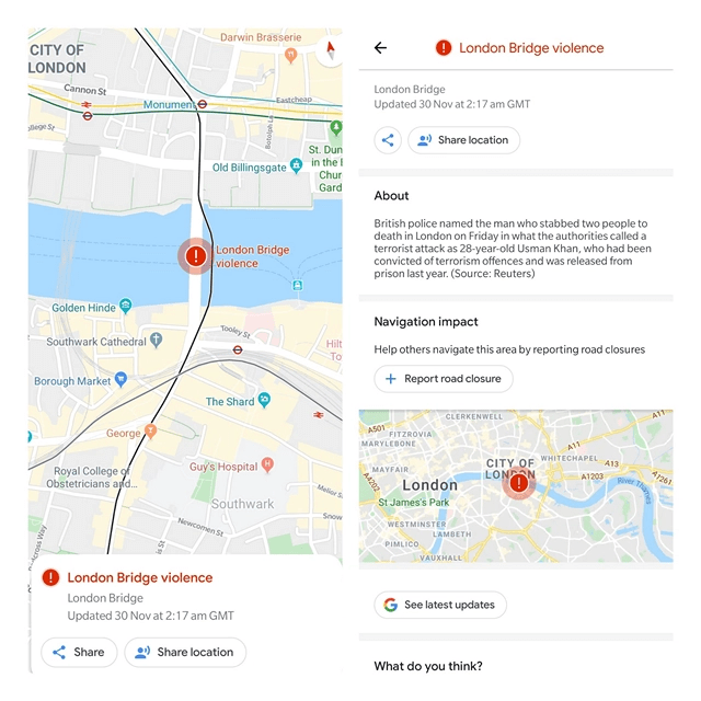 Google maps shows violence report