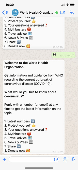 WHO Whatsapp chatbottechycoder coronavirus awareness