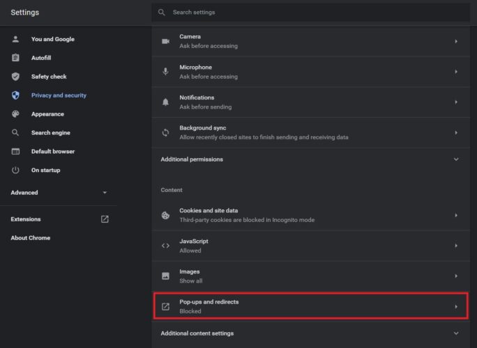 block pop-ups and redirects in chrome