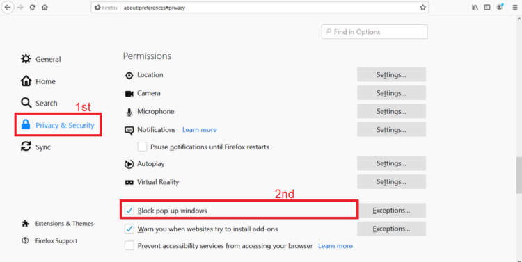 disable pop-up blocker in mozilla firefox