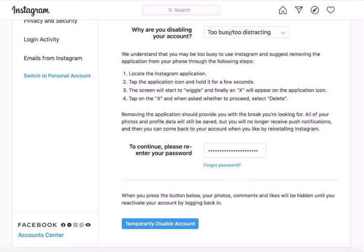 Disable Instagram Account temporarily