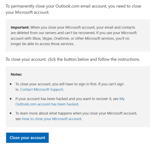 delete outlook account